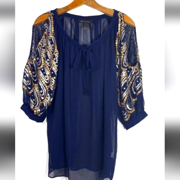 INC Navy Cold Shoulder Gold Sequin Tunic. - Picture 1 of 5